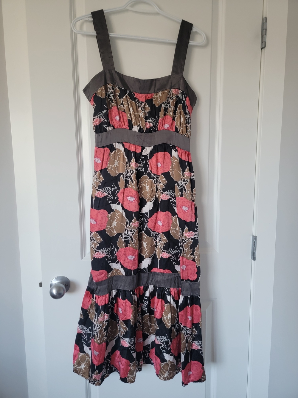 Floral Tiered 100% Silk Sundress in Black, Coral & Tan